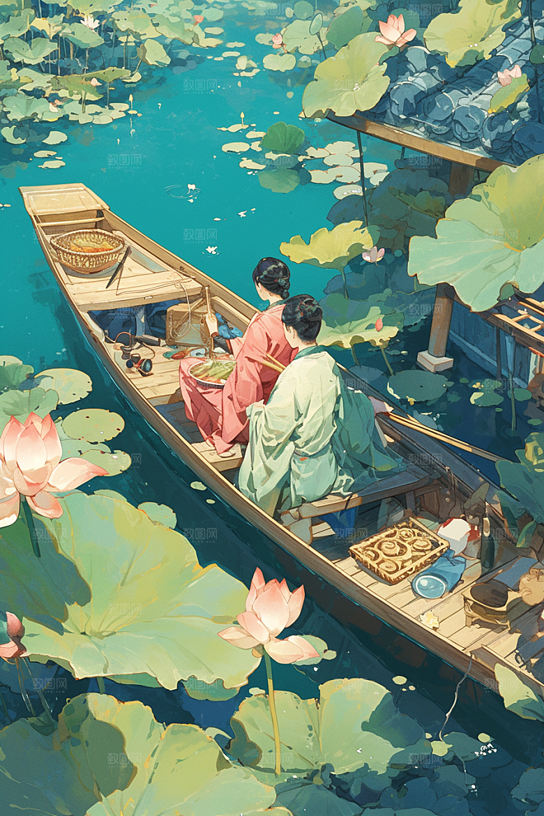 夏日赏荷夏季景色插画