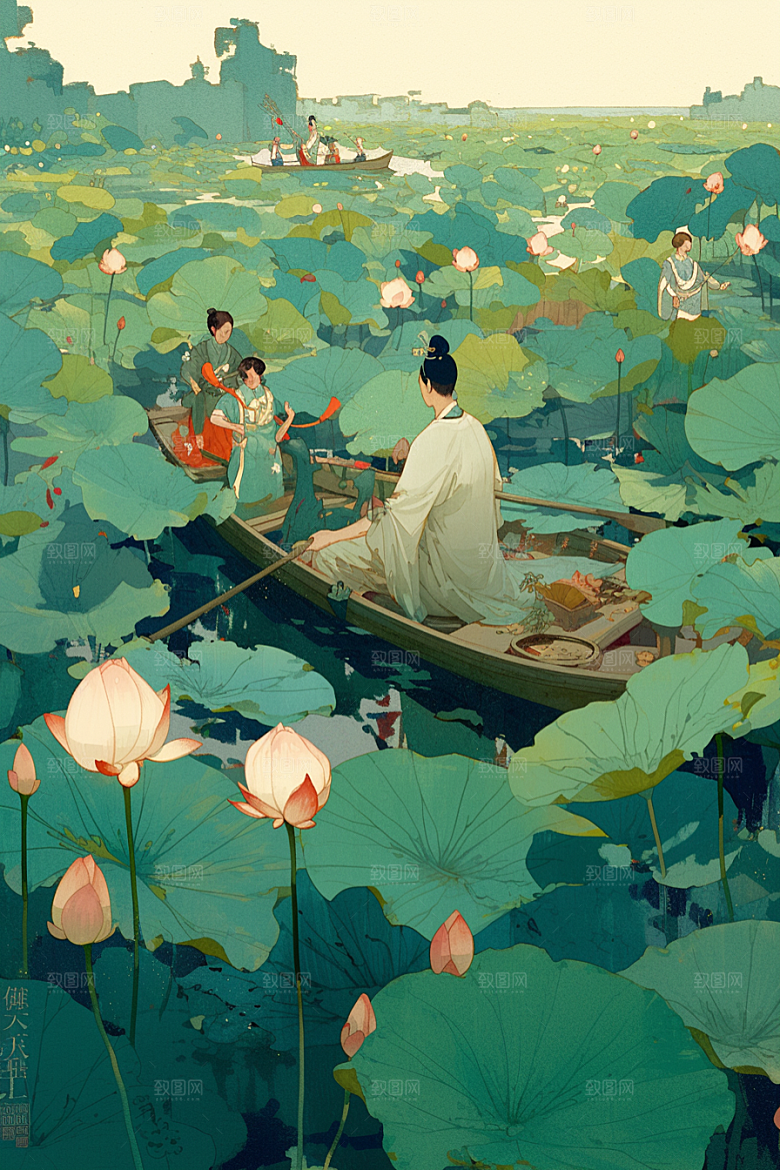 夏日赏荷乘船赏花插画