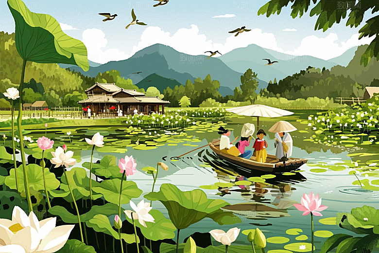 夏日赏荷景色自然插画