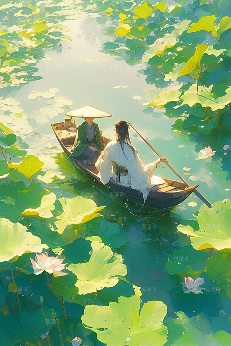 夏日赏荷游船景色插画