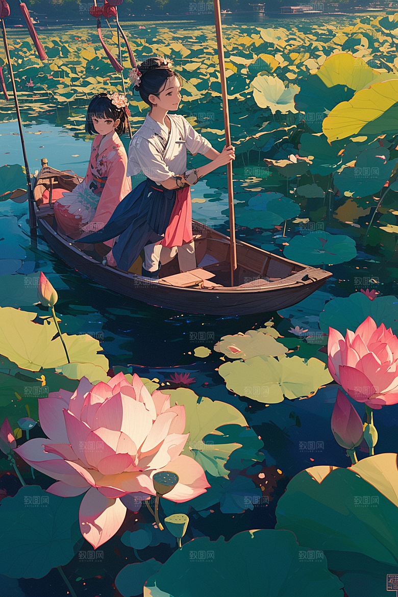 夏日赏荷高清赏花插画