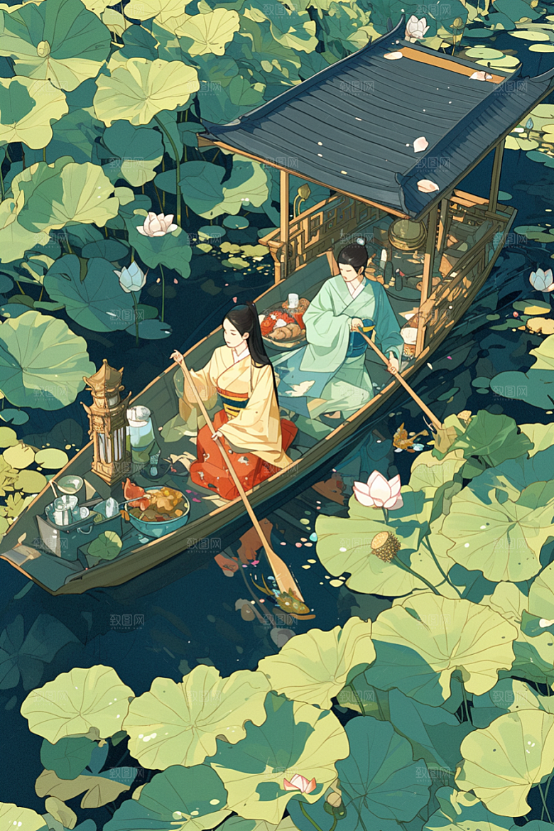 夏日赏荷游船中国风插画