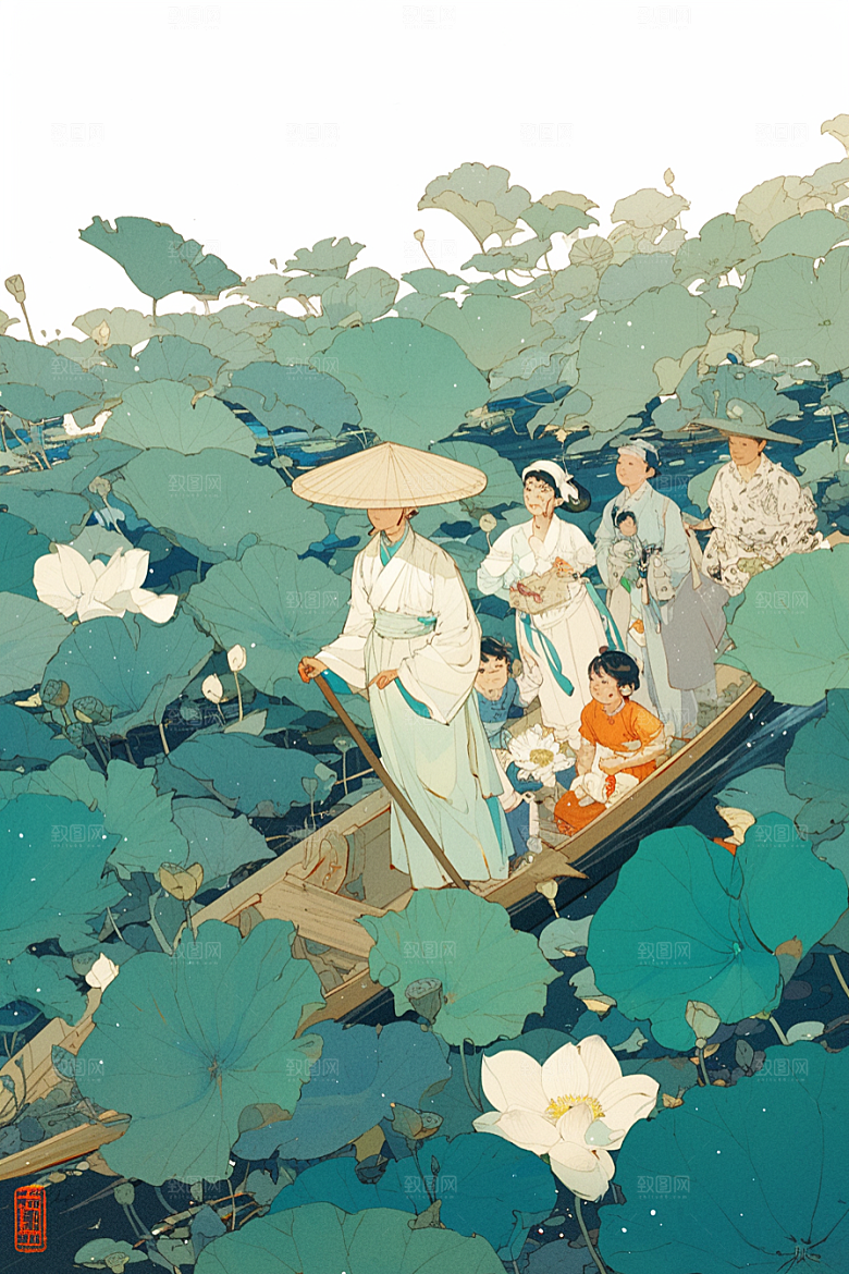 夏日赏荷乘船美景插画