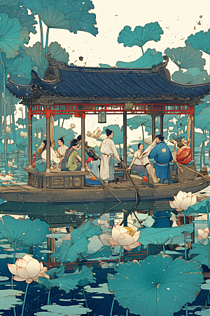夏日赏荷高清手绘插画