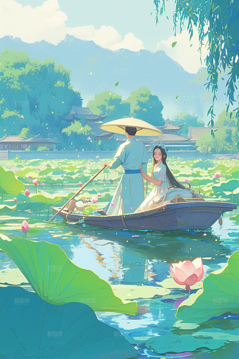夏日赏荷莲华夏季插画