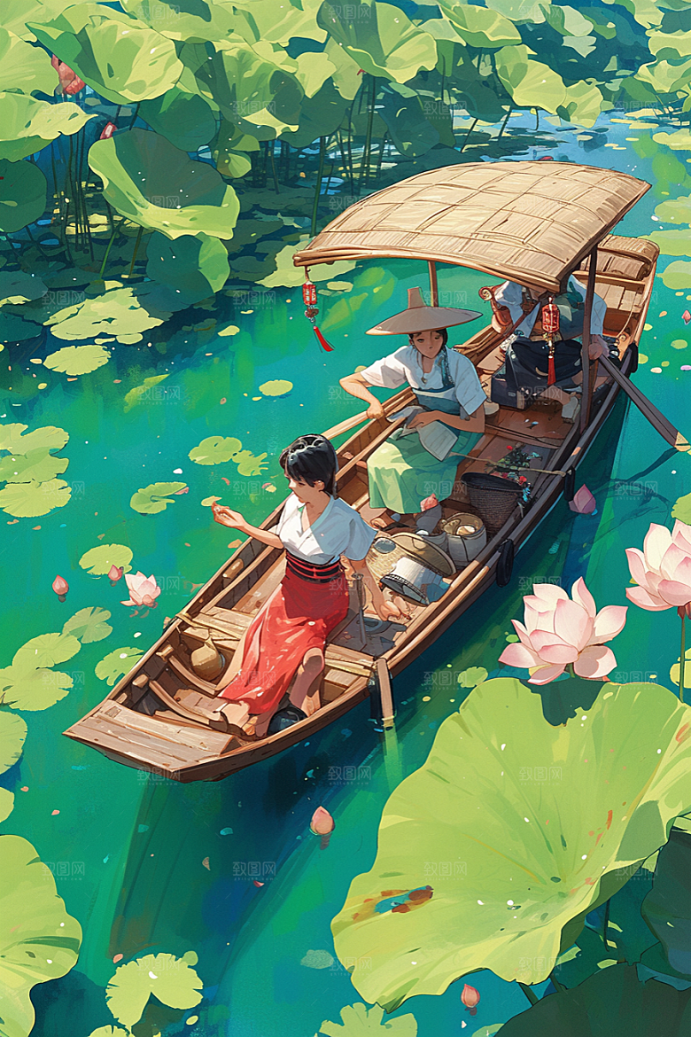 夏日赏荷景色中国风插画