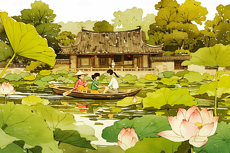 夏日赏荷池塘中国风插画