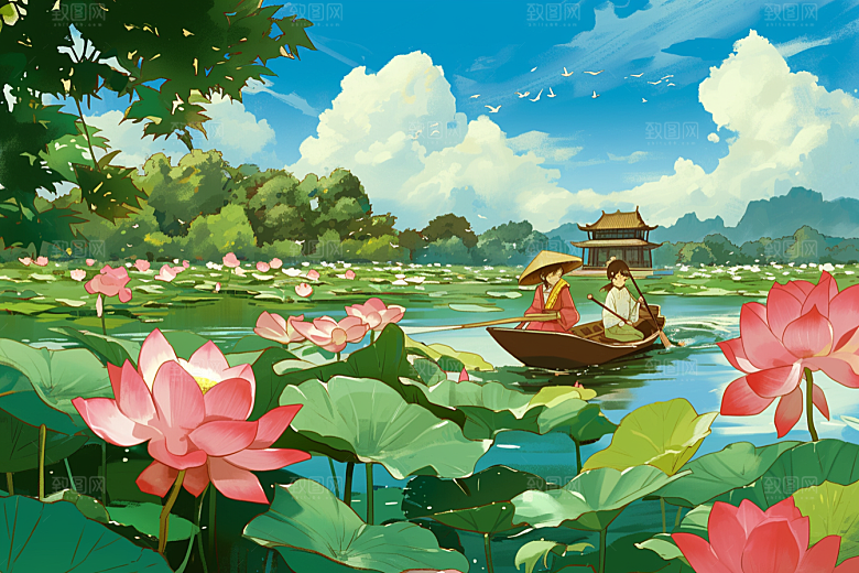 夏日赏荷自然美景插画
