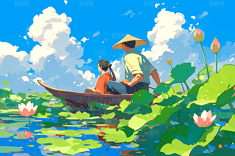 夏日赏荷乘船荷花插画
