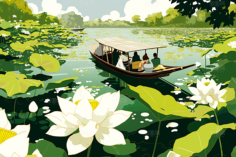 夏日赏荷乘船自然插画