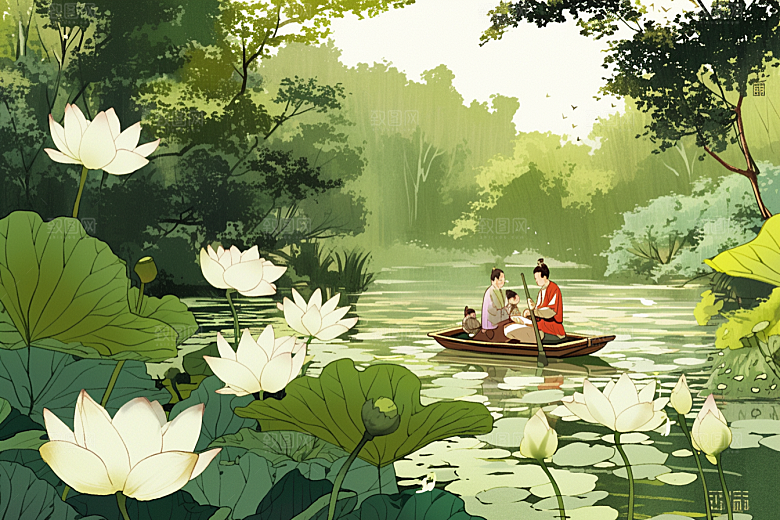 夏日赏荷美景高清插画