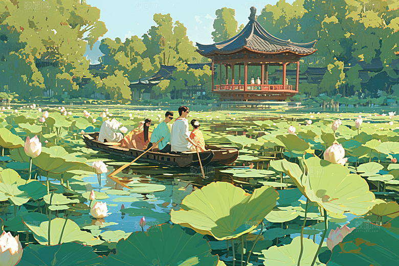 夏日赏荷荷花景色插画