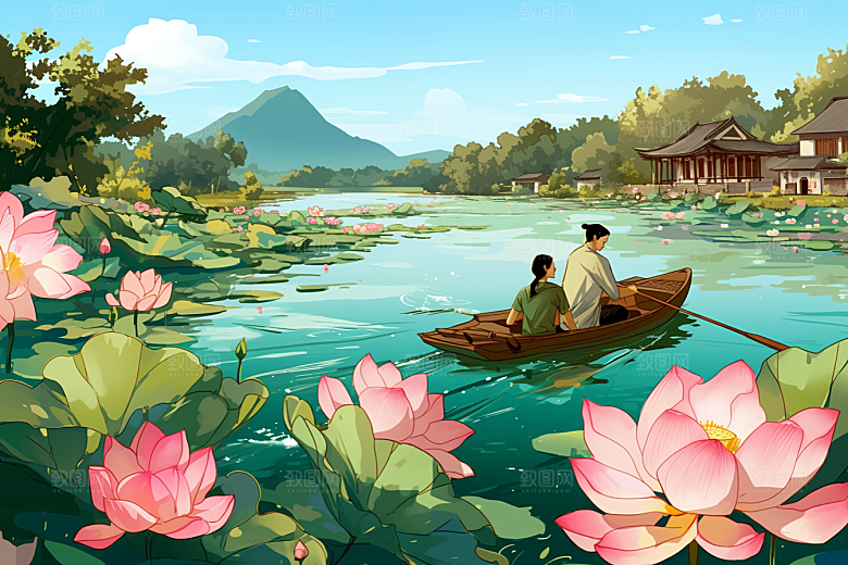 夏日赏荷景色中国风插画
