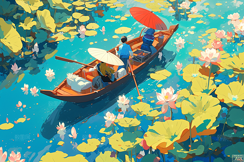 夏日赏荷中国风美景插画