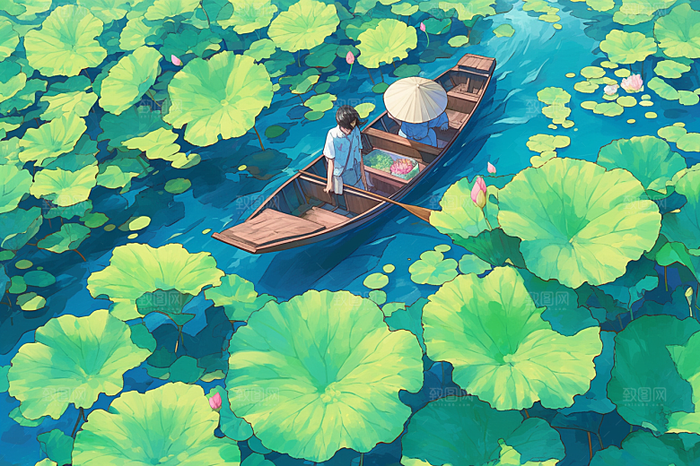 夏日赏荷景色夏季插画
