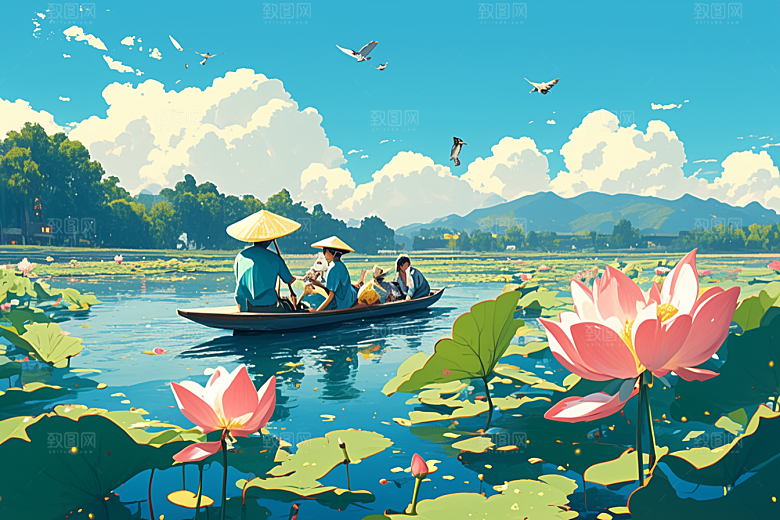 夏日赏荷自然夏季插画