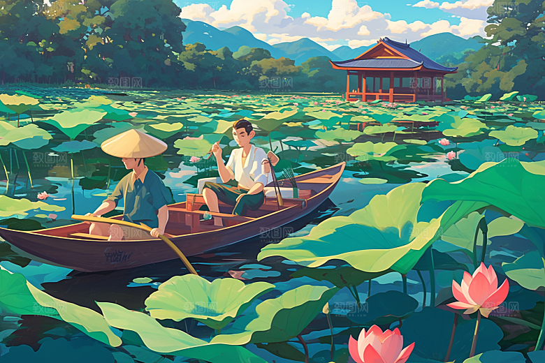夏日赏荷游船中国风插画