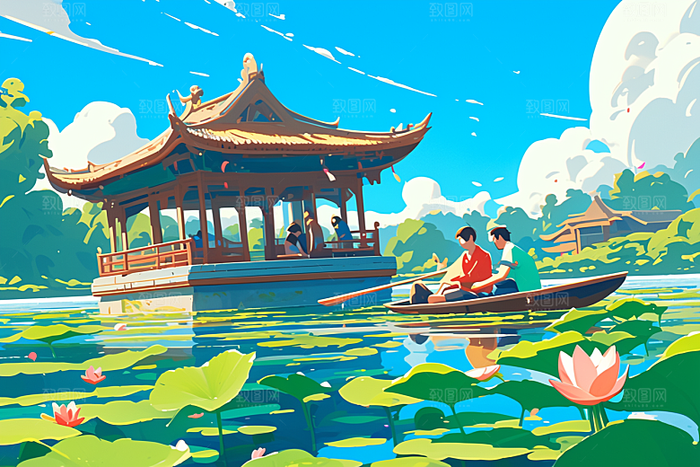 夏日赏荷自然游船插画
