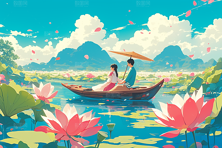 夏日赏荷赏花景色插画