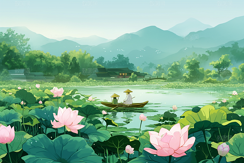 夏日赏荷夏天池塘插画