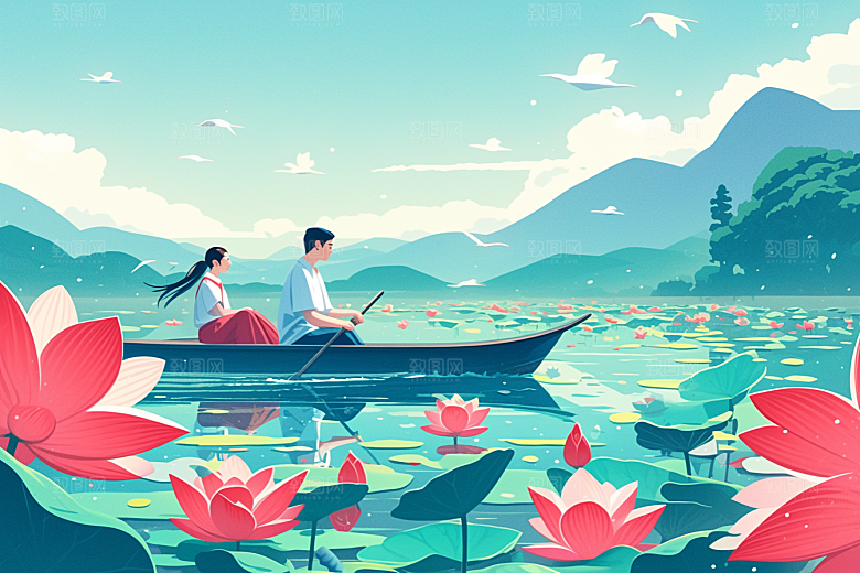 夏日赏荷莲华乘船插画