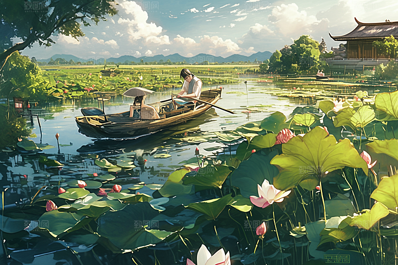 夏日赏荷赏花游船插画