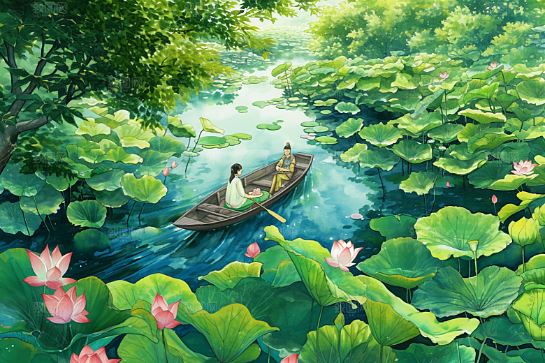 夏日赏荷美景中国风插画