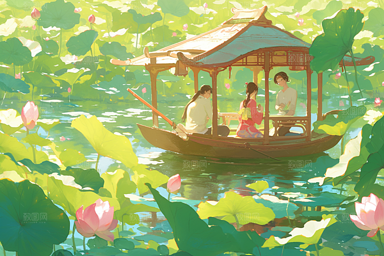 夏日赏荷夏季美景插画