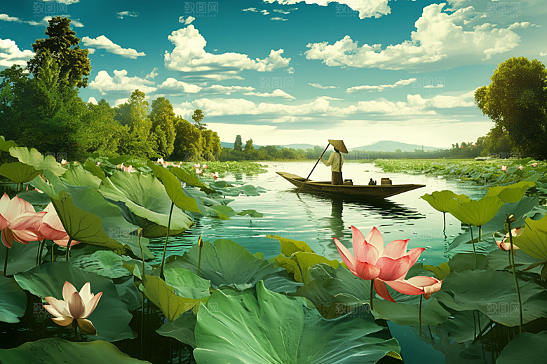 夏日赏荷美景赏花插画