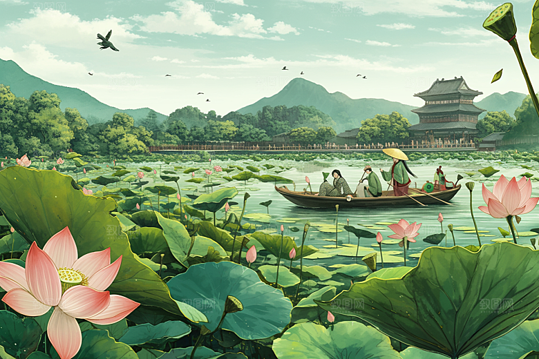 夏日赏荷手绘夏季插画