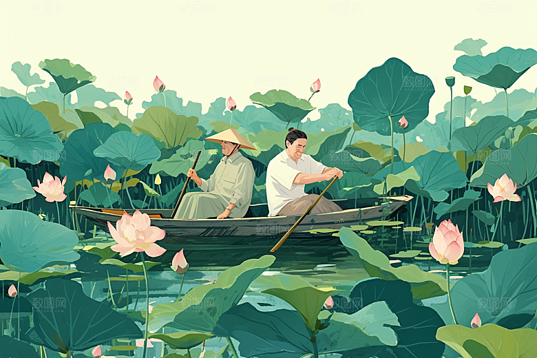 夏日赏荷赏花夏季插画