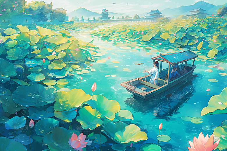 夏日赏荷手绘池塘插画