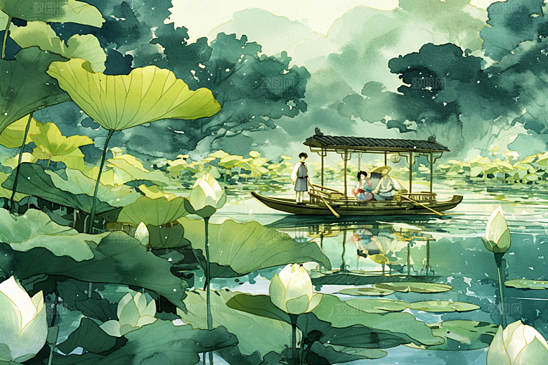 夏日赏荷景色乘船插画