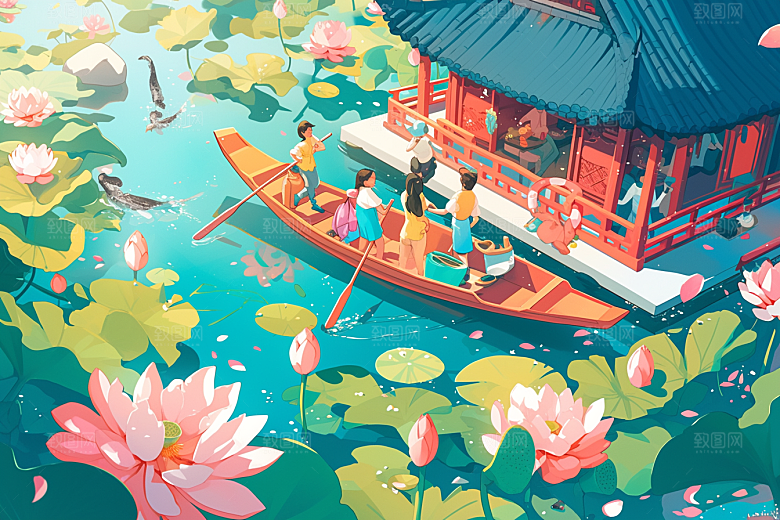 夏日赏荷乘船自然插画