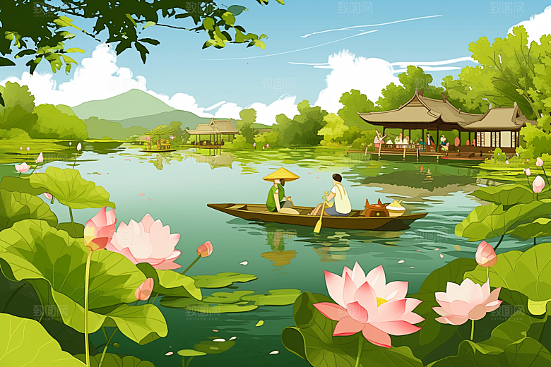 夏日赏荷中国风荷塘插画