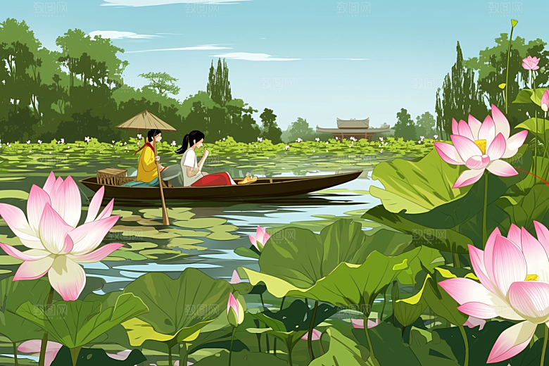 夏日赏荷高清景色插画