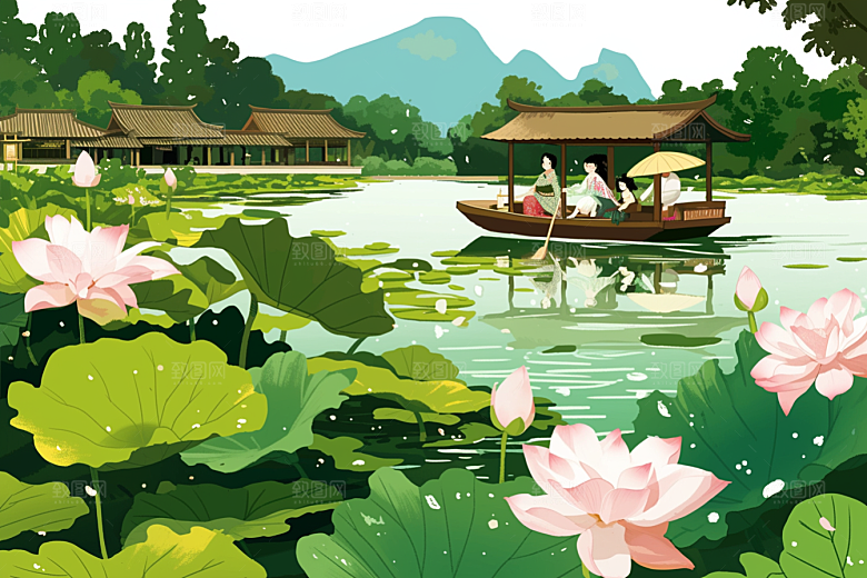 夏日赏荷荷花池塘插画