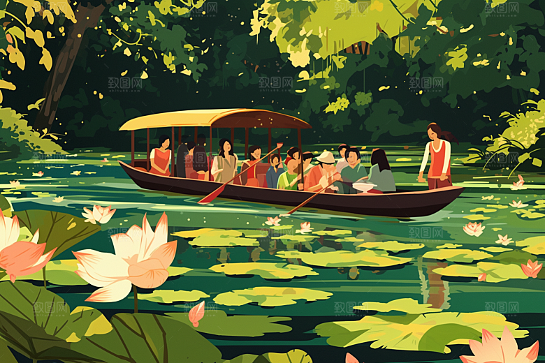夏日赏荷中国风景色插画