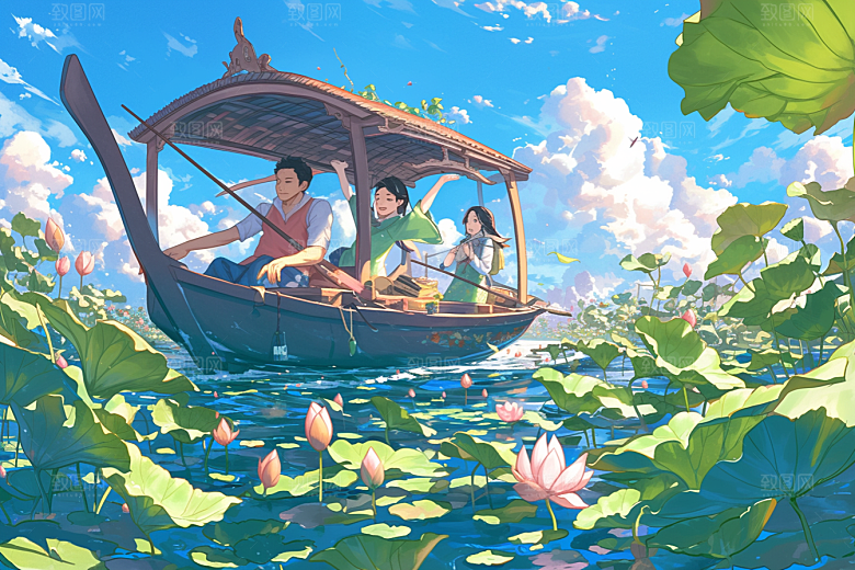 夏日赏荷美景乘船插画