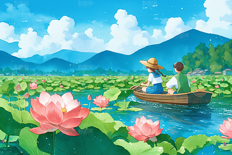 夏日赏荷手绘游船插画
