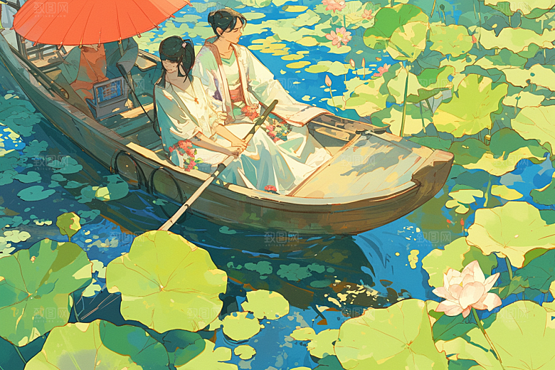 夏日赏荷乘船池塘插画