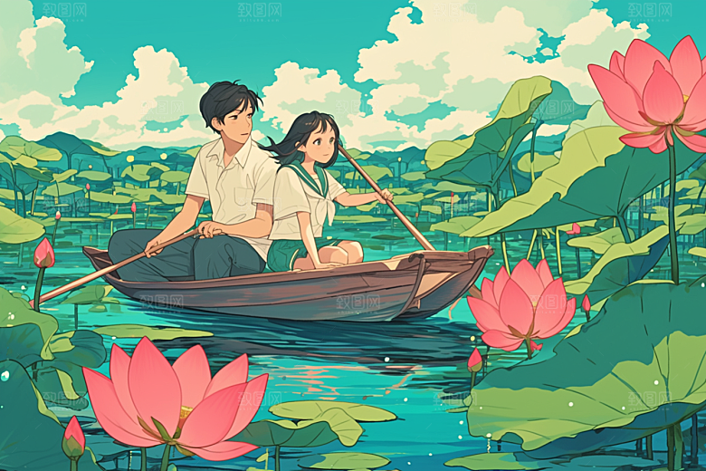 夏日赏荷景色夏天插画