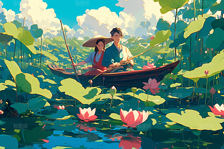夏日赏荷乘船中国风插画