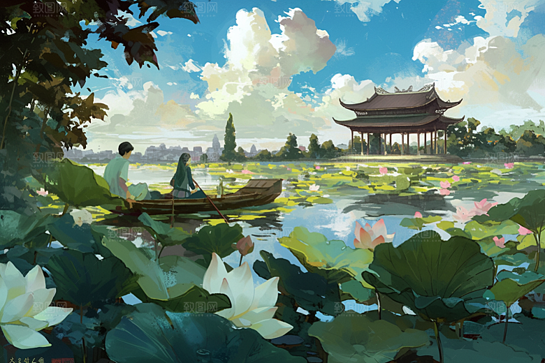 夏日赏荷景色池塘插画