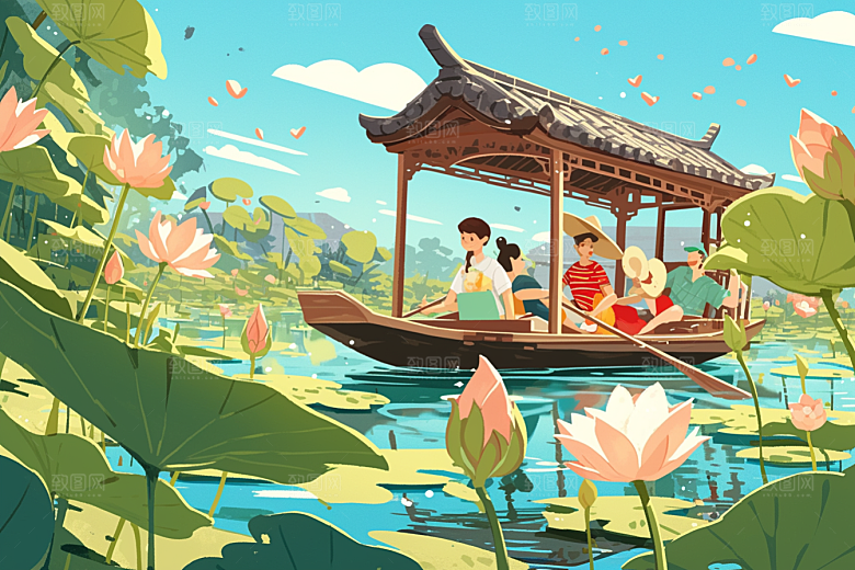 夏日赏荷池塘中国风插画