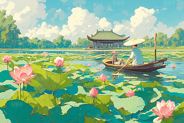 夏日赏荷景色夏季插画