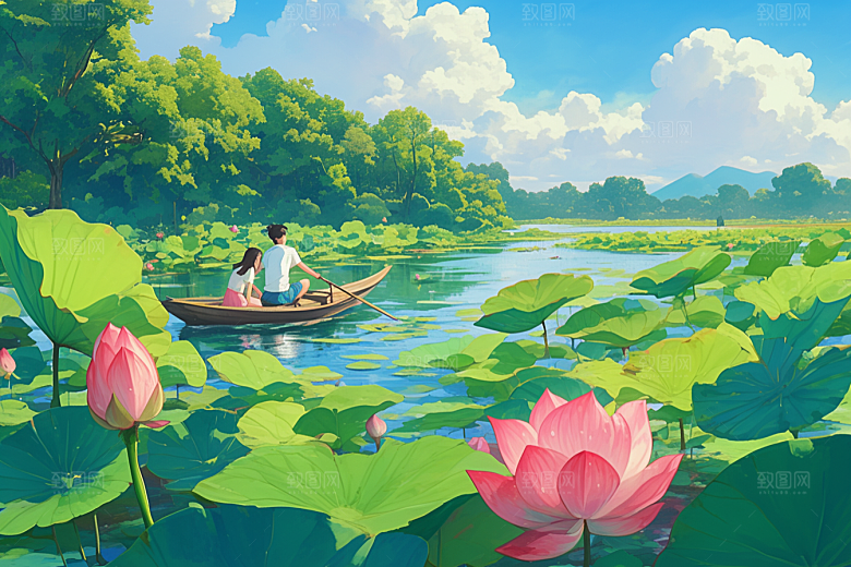 夏日赏荷赏花高清插画