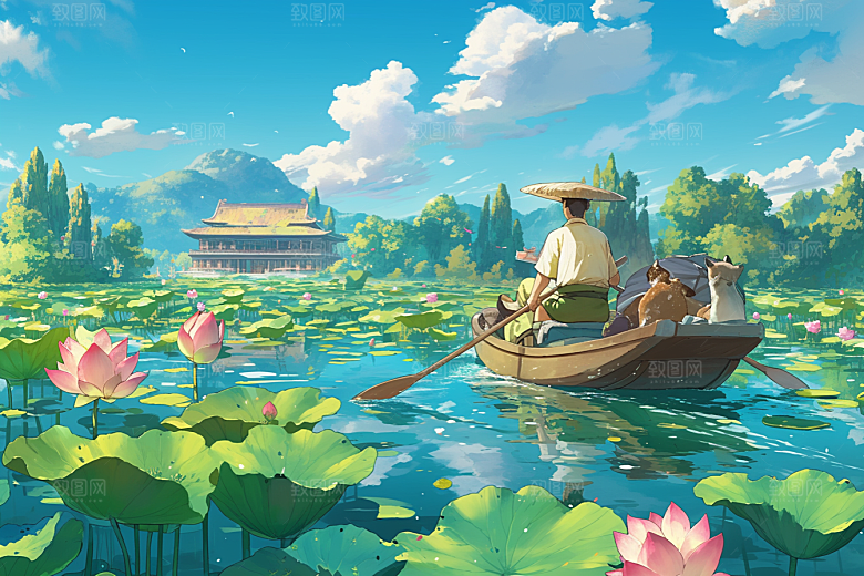 夏日赏荷美景景色插画