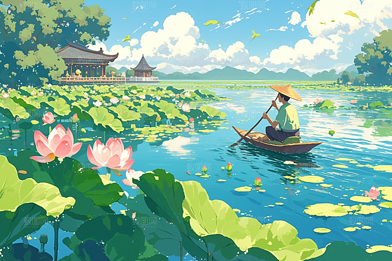 夏日赏荷手绘赏花插画