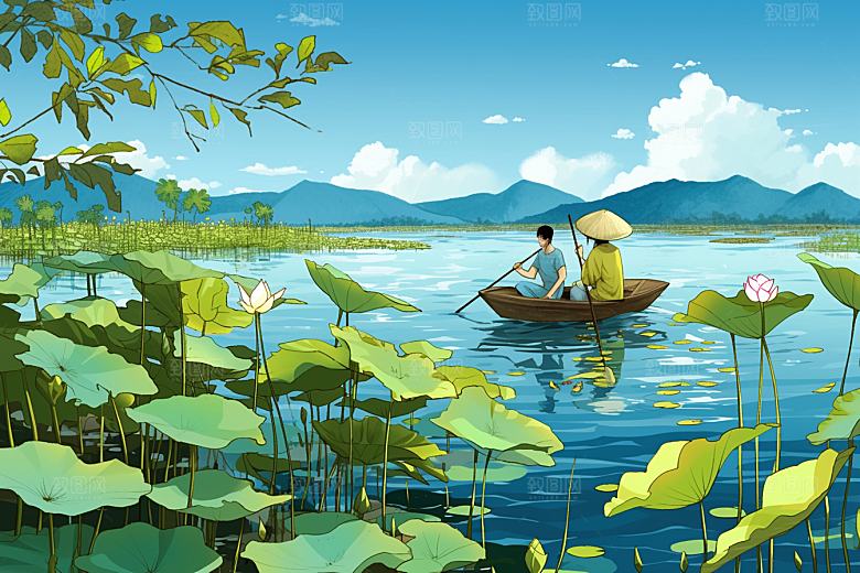 夏日赏荷高清景色插画